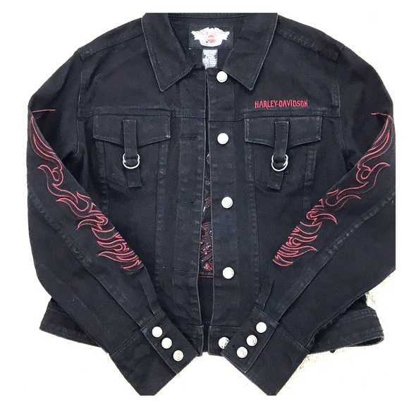 black denim jacket with red stitching